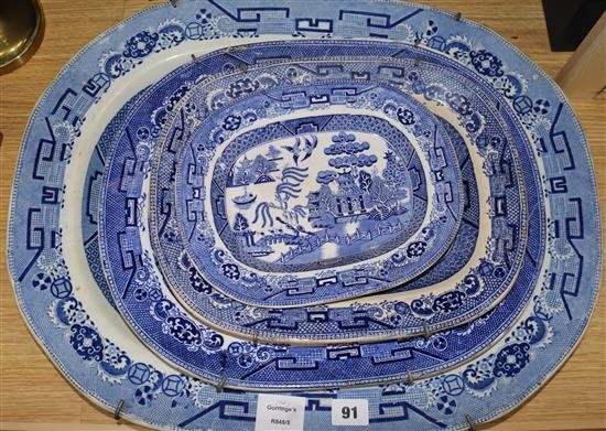 Two Victorian willow pattern blue and white meat dishes and two smaller dishes (4)